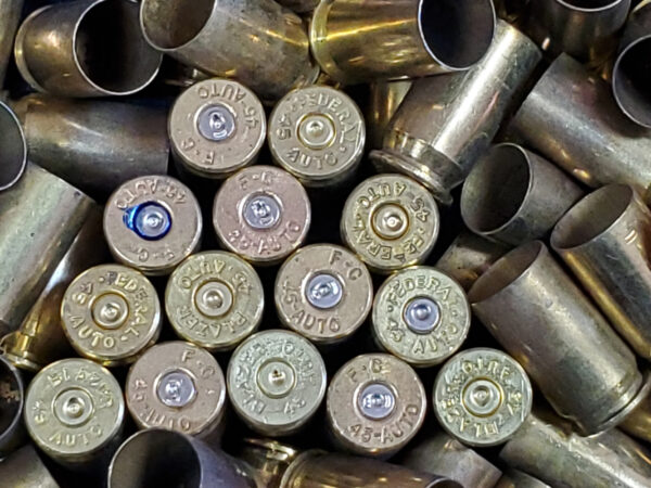 45 ACP once fired reloading brass close up